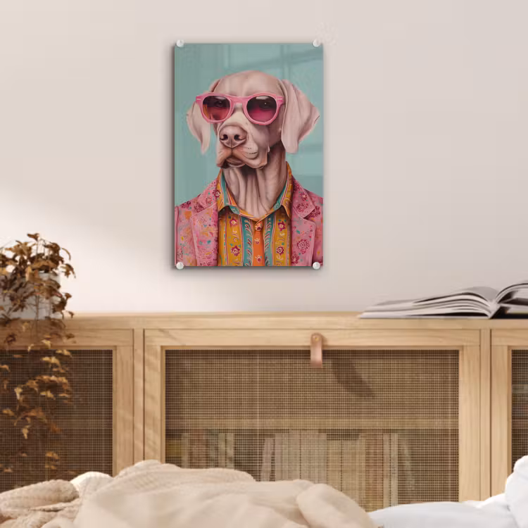 Glas schilderij - Hond - Overhemd - Bloemen - Bril — 5