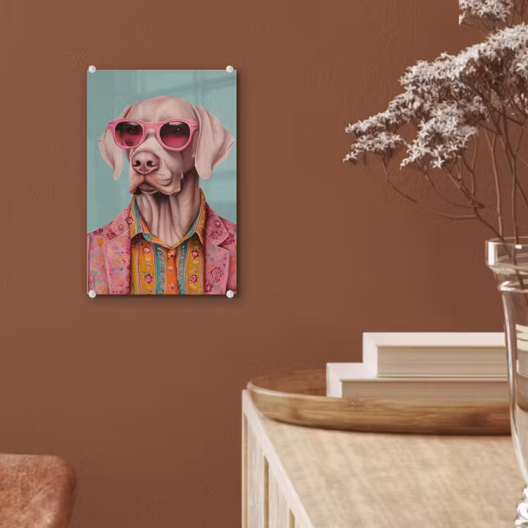 Glas schilderij - Hond - Overhemd - Bloemen - Bril — 6