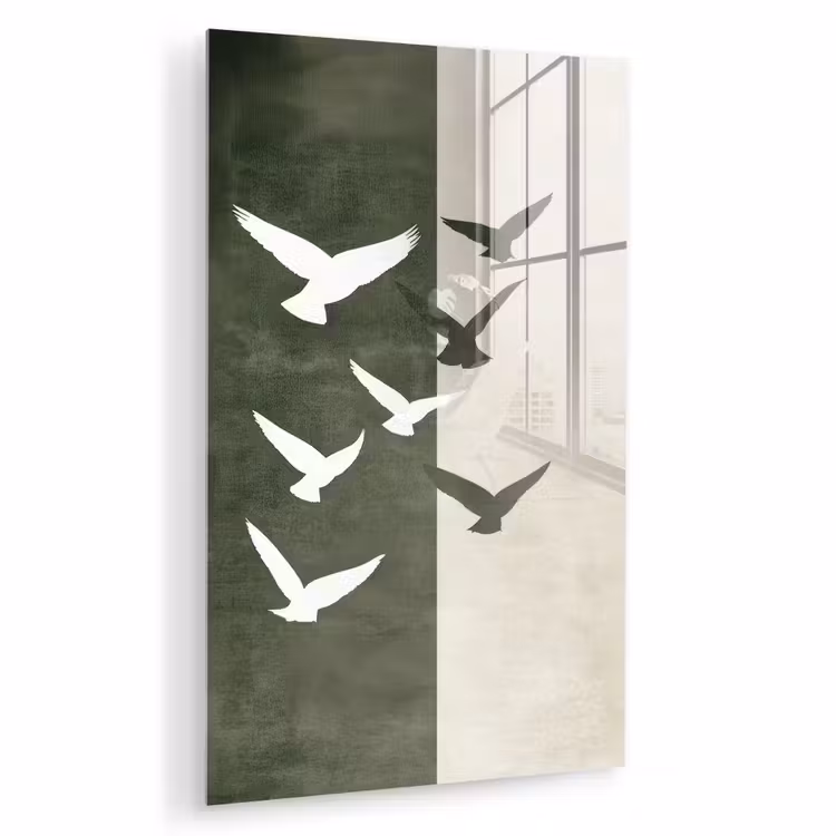 Glas schilderij - Japandi - Vogel - Groen — 1
