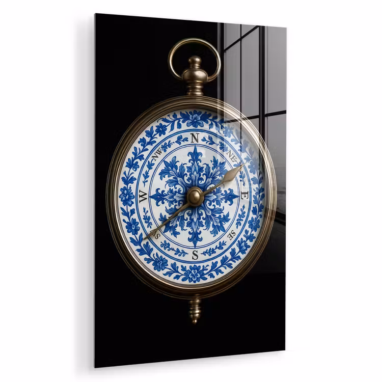 Glas schilderij - Kompas - Delfts blauw - Zwart — 1