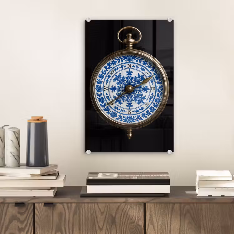 Glas schilderij - Kompas - Delfts blauw - Zwart — 2