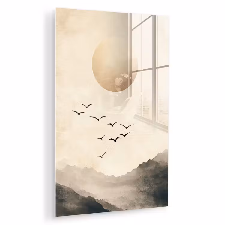 Glas schilderij - Landschap - Japandi - vogel — 1
