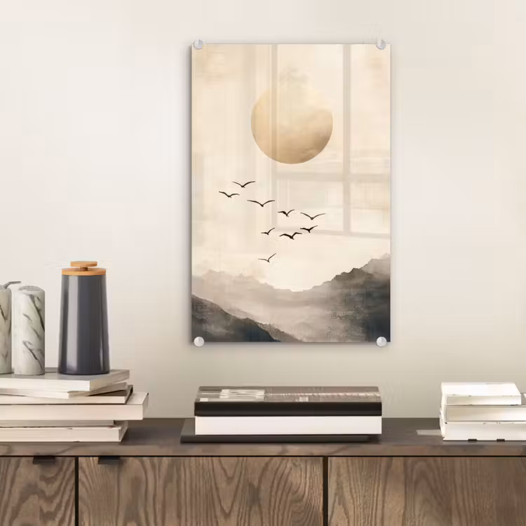 Glas schilderij - Landschap - Japandi - vogel — 2