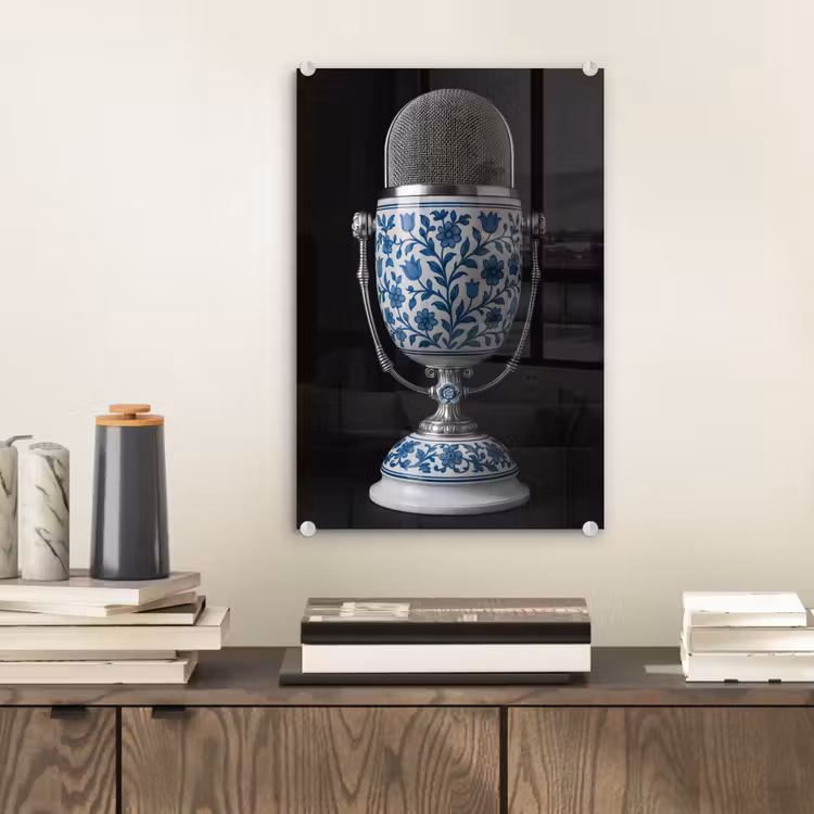 Glas schilderij - Microfoon - Delfts blauw - Muziek — 2