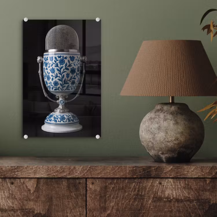 Glas schilderij - Microfoon - Delfts blauw - Muziek — 4