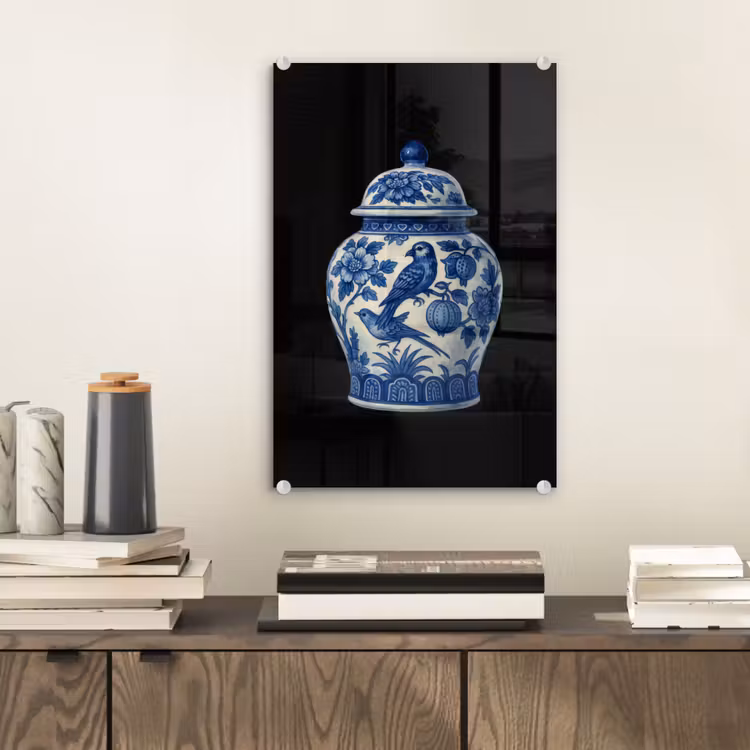 Glas schilderij - Pot - Delfts Blauw - Bloemen — 2