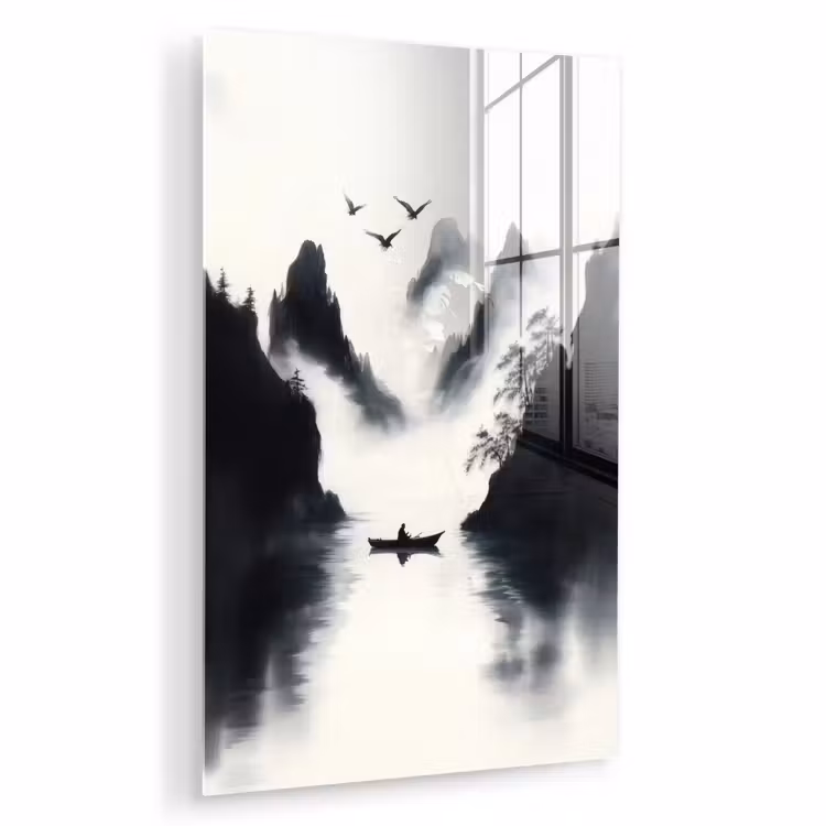 Glas schilderij - Roeiboot - Mistig - Bergen - Vogels — 1