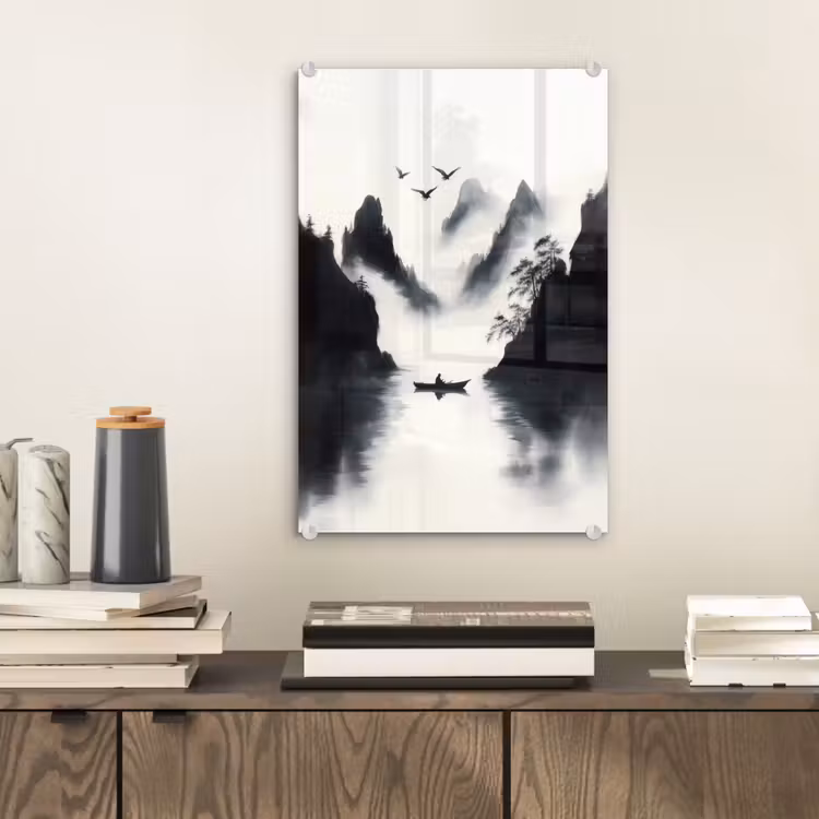 Glas schilderij - Roeiboot - Mistig - Bergen - Vogels — 2