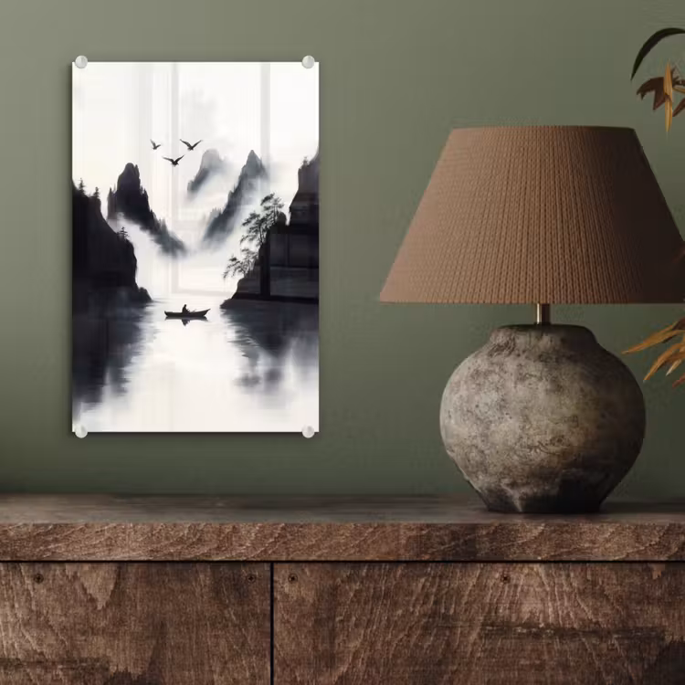 Glas schilderij - Roeiboot - Mistig - Bergen - Vogels — 4