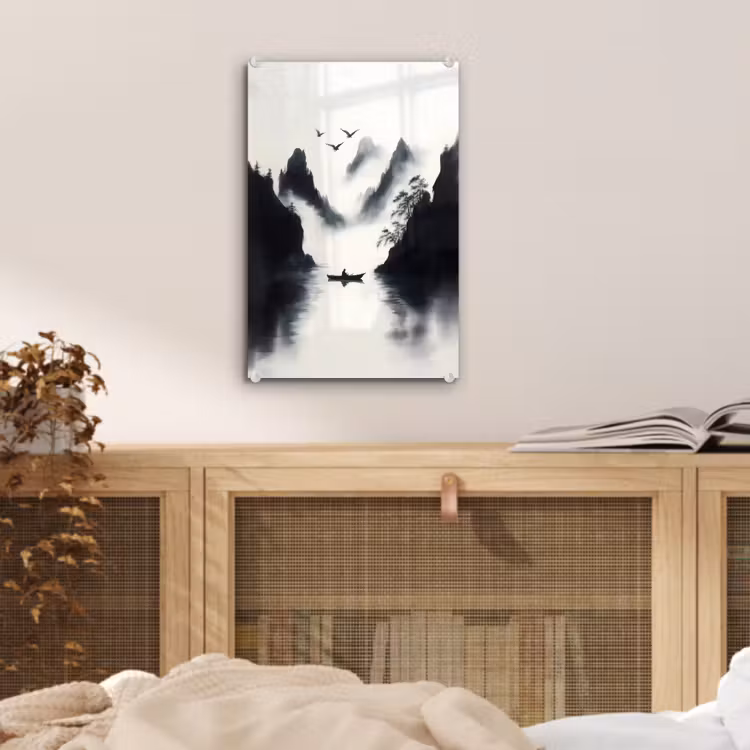 Glas schilderij - Roeiboot - Mistig - Bergen - Vogels — 5
