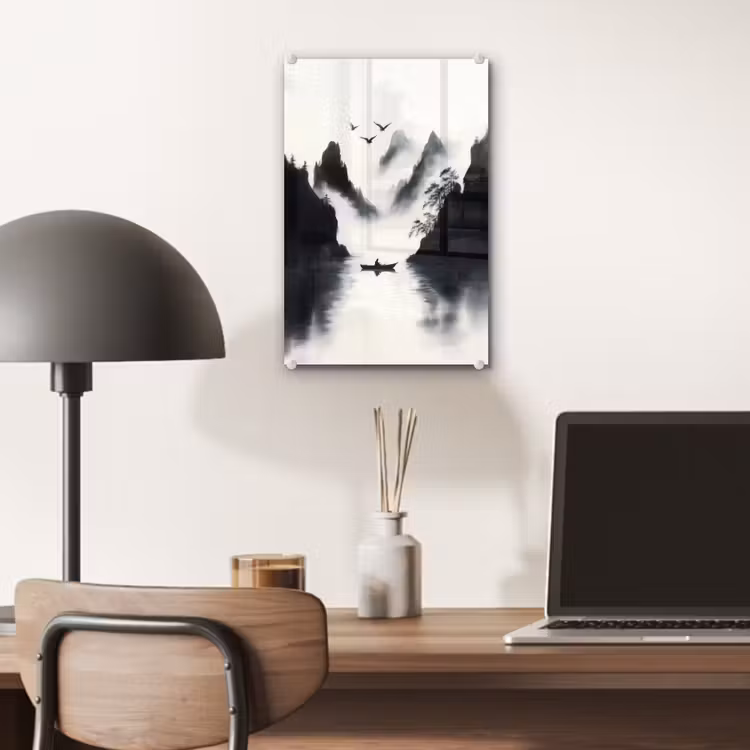 Glas schilderij - Roeiboot - Mistig - Bergen - Vogels — 7