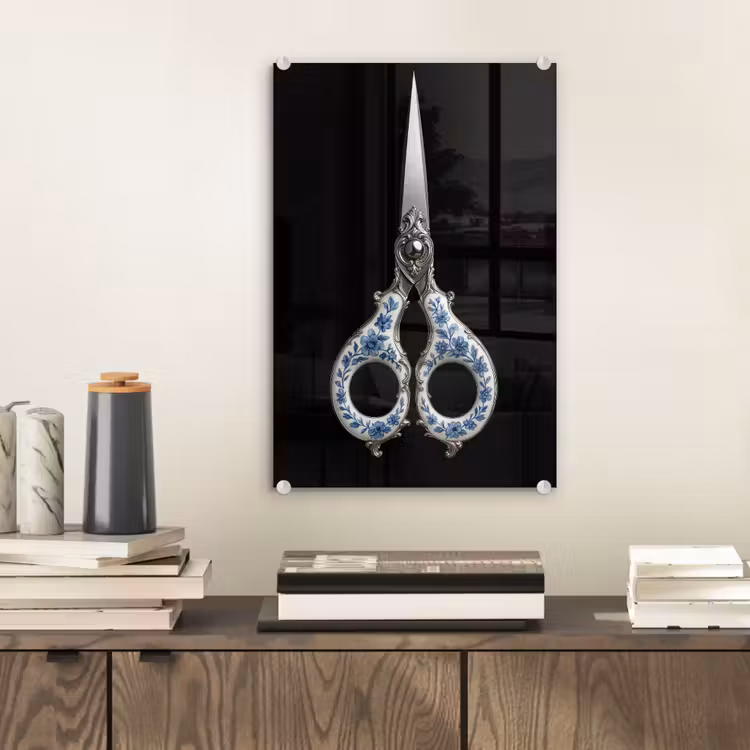 Glas schilderij - Schaar - Delfts blauw - Zwart — 2