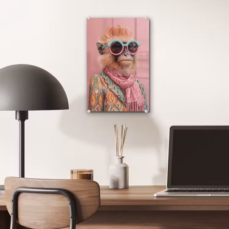 Glas schilderij - Sjaal - Aap - Zonnebril - Jasje — 7