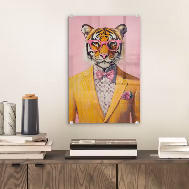 Glas schilderij - Tijger - Bril - Geel - Jasje — 2