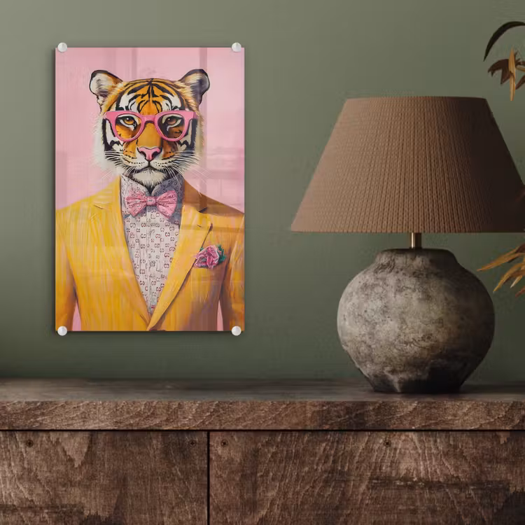 Glas schilderij - Tijger - Bril - Geel - Jasje — 4