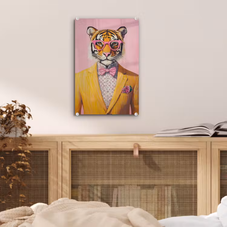 Glas schilderij - Tijger - Bril - Geel - Jasje — 5