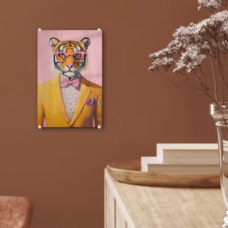 Glas schilderij - Tijger - Bril - Geel - Jasje — 6