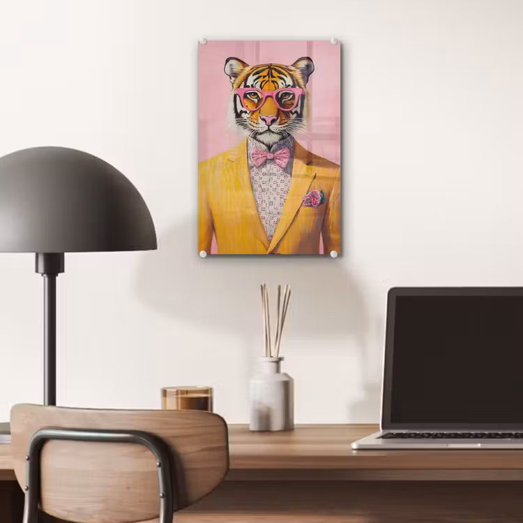 Glas schilderij - Tijger - Bril - Geel - Jasje — 7