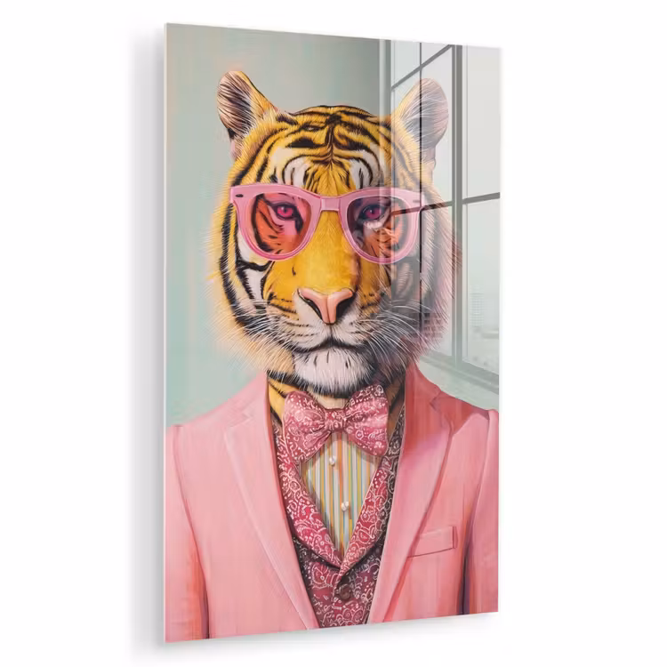 Glas schilderij - Tijger - Strik - Jasje - Roze — 1
