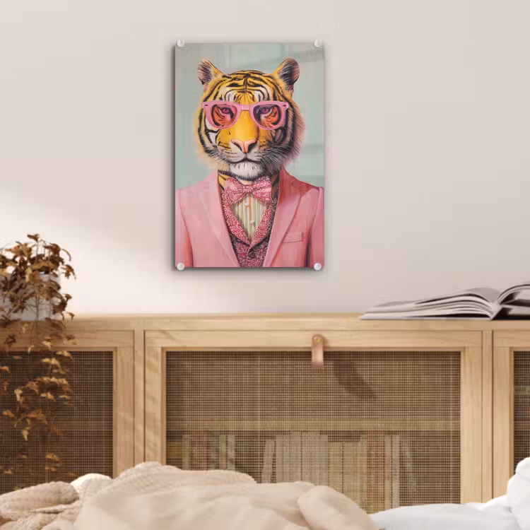 Glas schilderij - Tijger - Strik - Jasje - Roze — 5