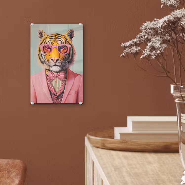 Glas schilderij - Tijger - Strik - Jasje - Roze — 6