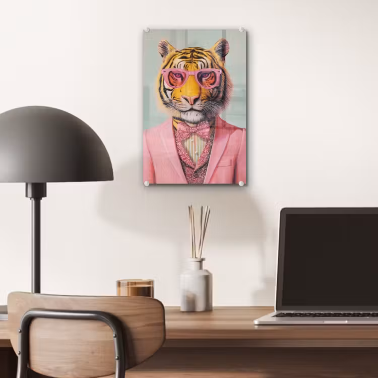 Glas schilderij - Tijger - Strik - Jasje - Roze — 7
