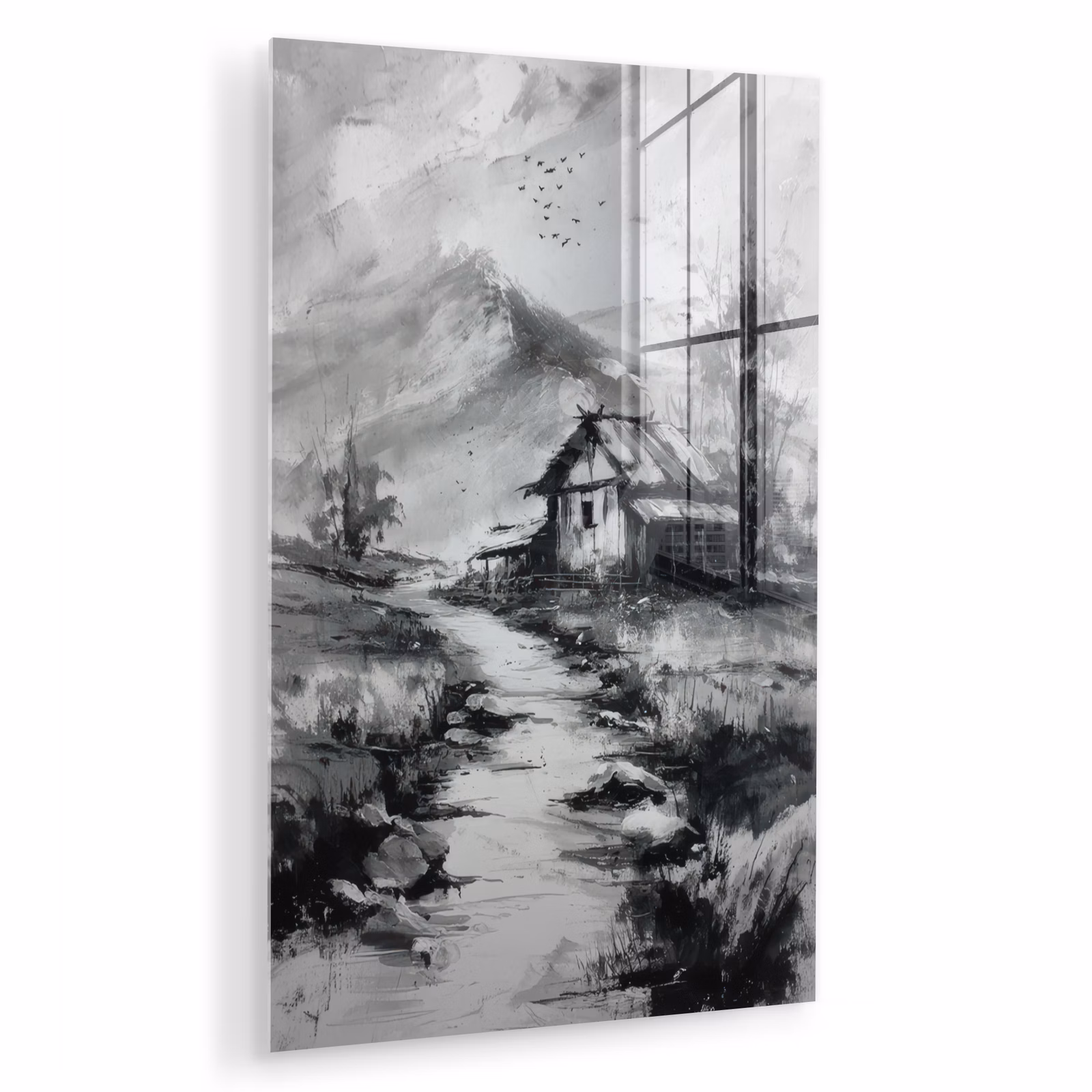 Glas schilderij - Hut - Grijs - Bergen - Mistig — 1
