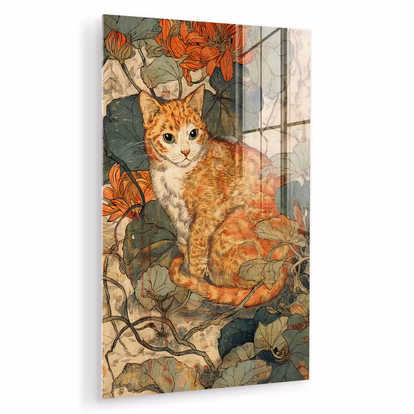 Glas schilderij - Kat - Sierlijk - Bloemen — 1