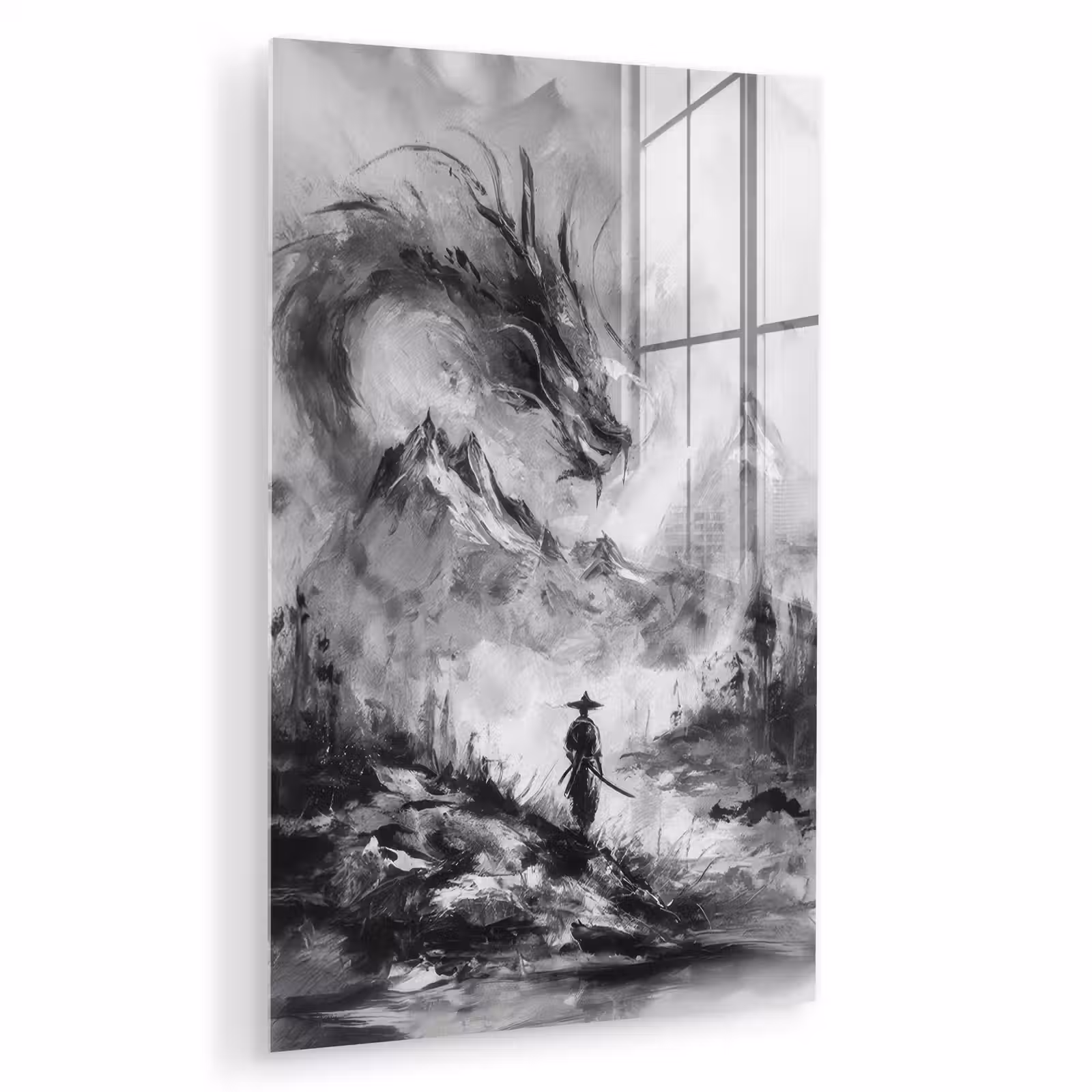 Glas schilderij - Krijger - Draak - Grijs — 1