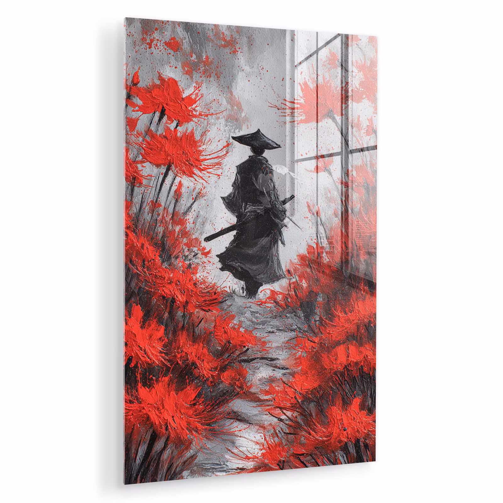 Glas schilderij - Rode bloemen - mistig - Man — 1