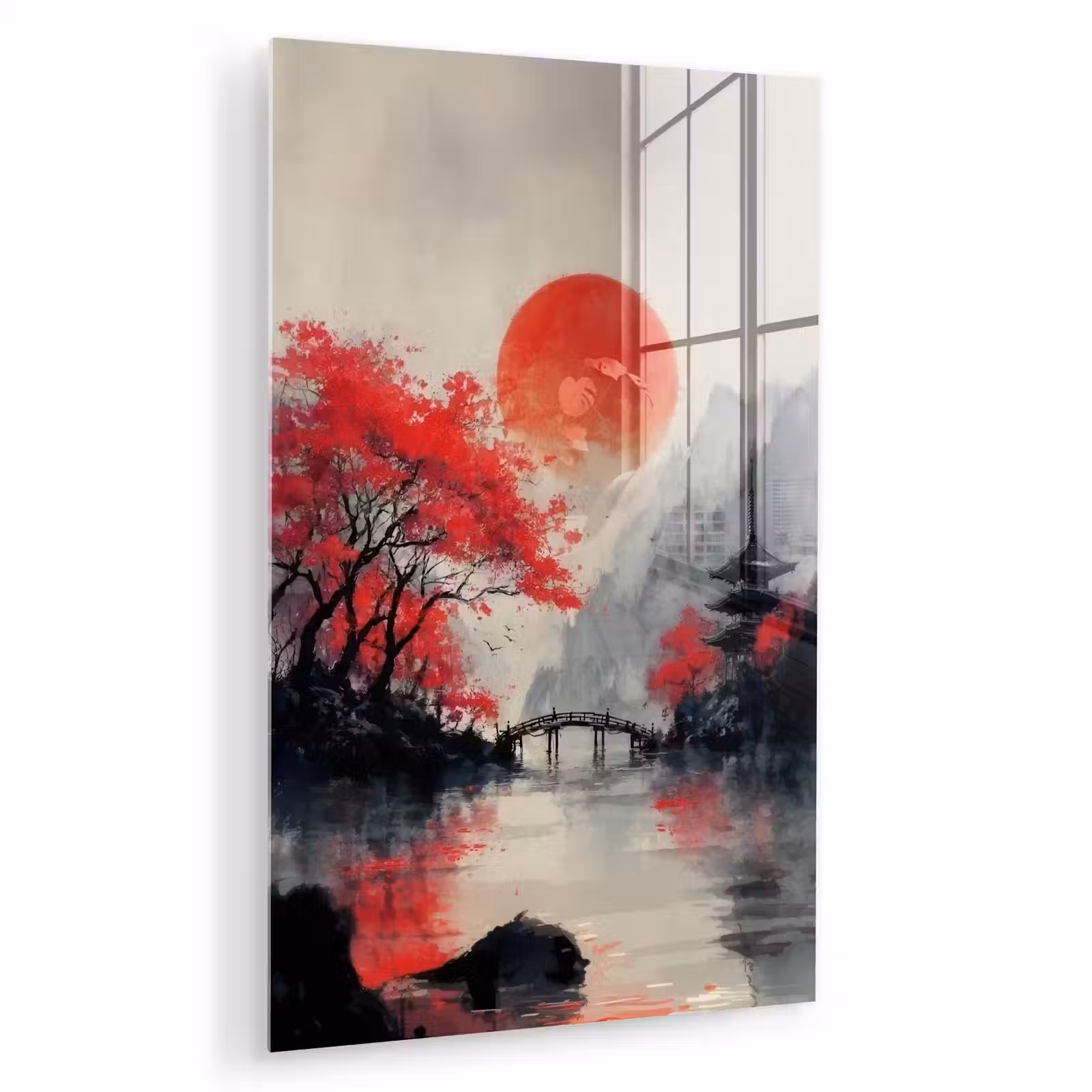 Glas schilderij - Rode zon - Rivier - brug - Bomen — 1