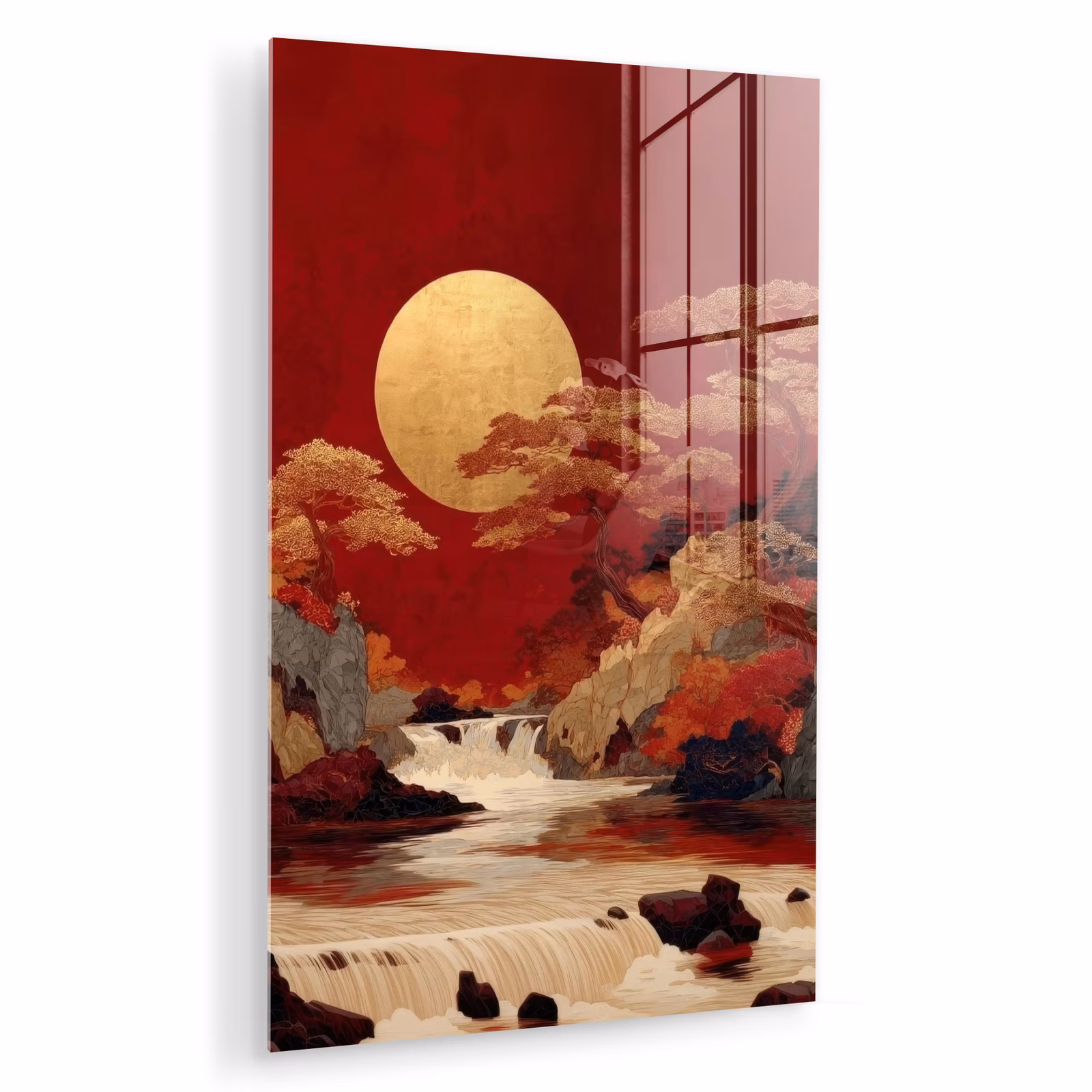 Glas schilderij - Volle maan - Landschap - Waterval — 1