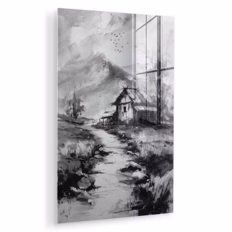 Glas schilderij - Hut - Grijs - Bergen - Mistig — 1