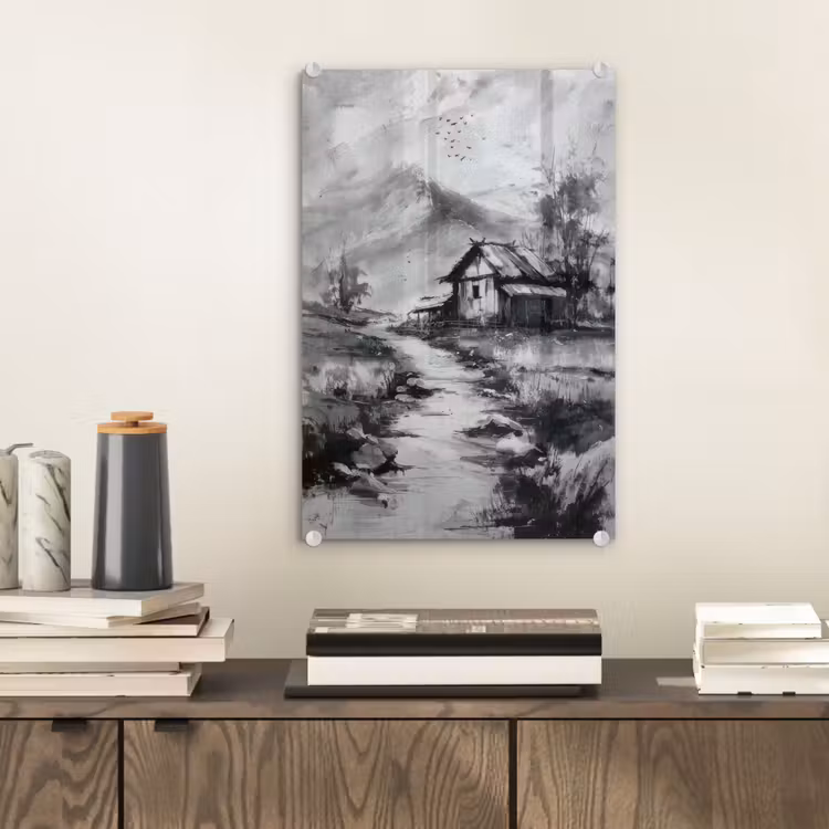 Glas schilderij - Hut - Grijs - Bergen - Mistig — 2
