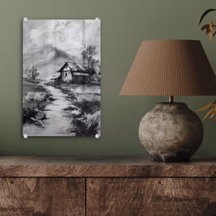 Glas schilderij - Hut - Grijs - Bergen - Mistig — 4