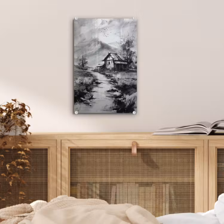 Glas schilderij - Hut - Grijs - Bergen - Mistig — 5