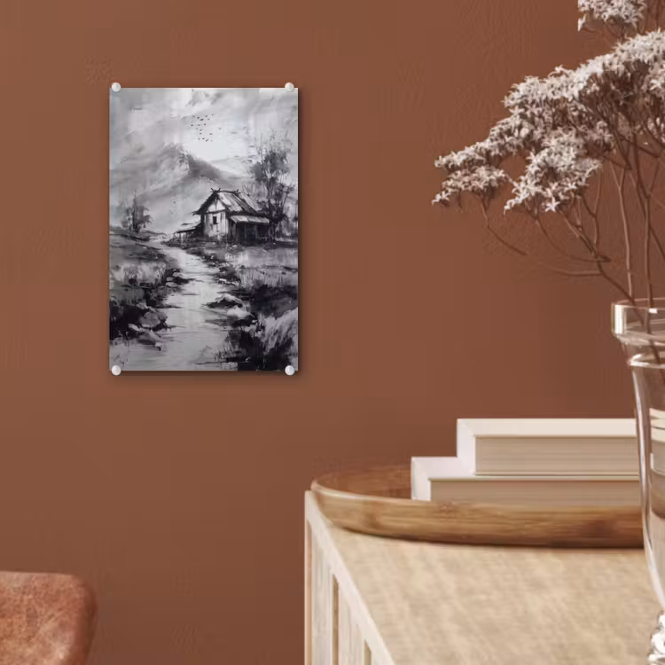 Glas schilderij - Hut - Grijs - Bergen - Mistig — 6