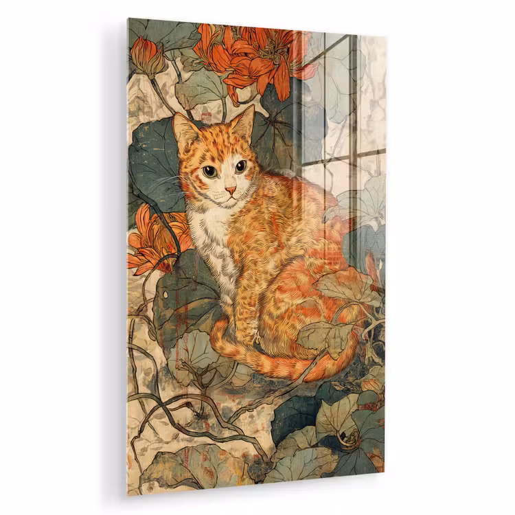 Glas schilderij - Kat - Sierlijk - Bloemen — 1