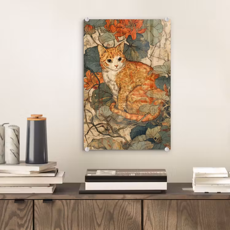Glas schilderij - Kat - Sierlijk - Bloemen — 2