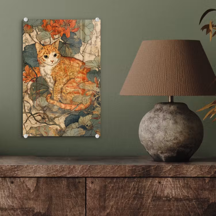 Glas schilderij - Kat - Sierlijk - Bloemen — 4