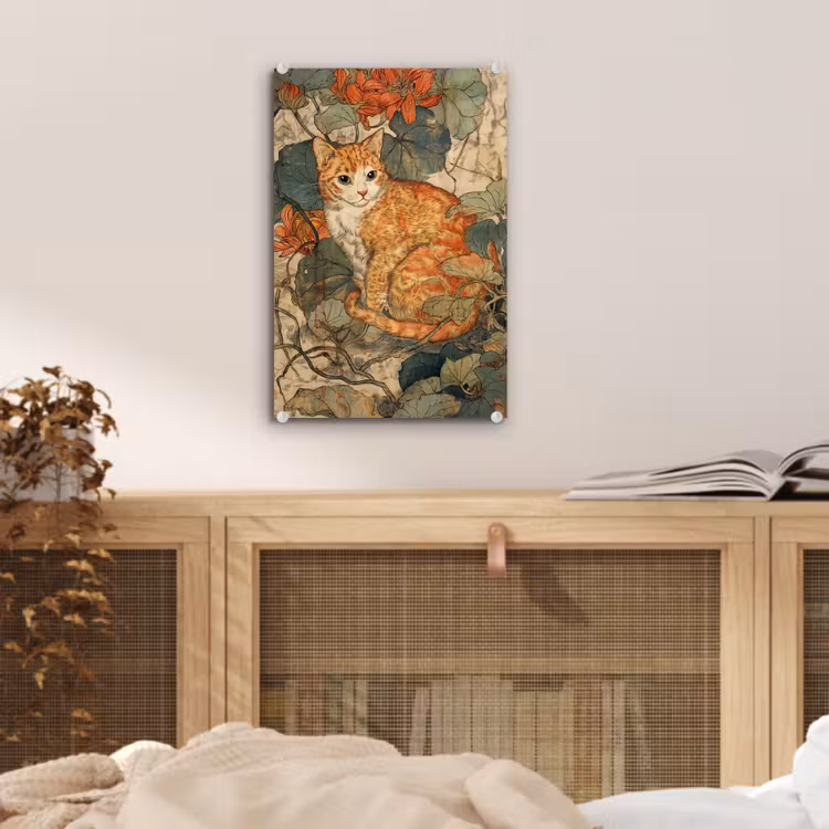 Glas schilderij - Kat - Sierlijk - Bloemen — 5