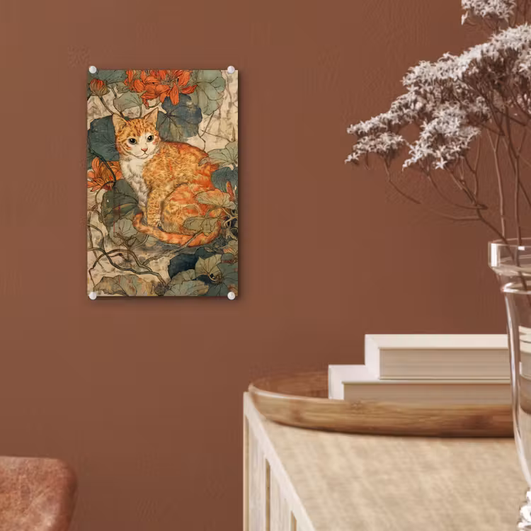 Glas schilderij - Kat - Sierlijk - Bloemen — 6