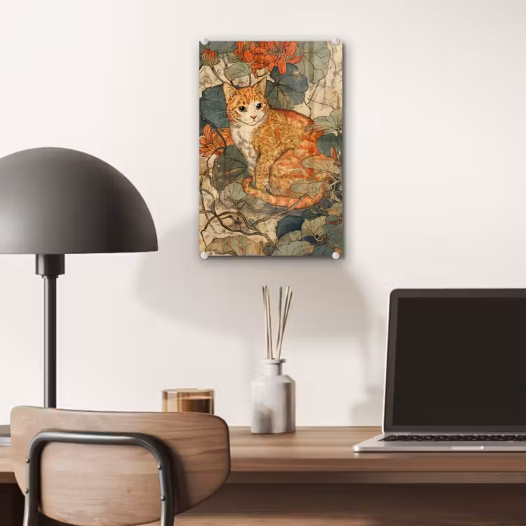 Glas schilderij - Kat - Sierlijk - Bloemen — 7