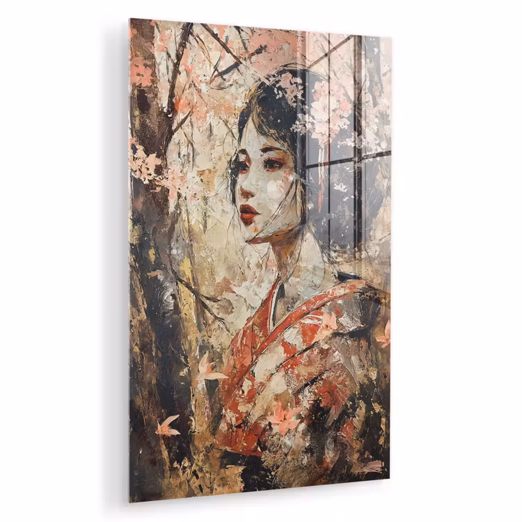 Glas schilderij - Kimono - Vrouw - kersenbomen — 1