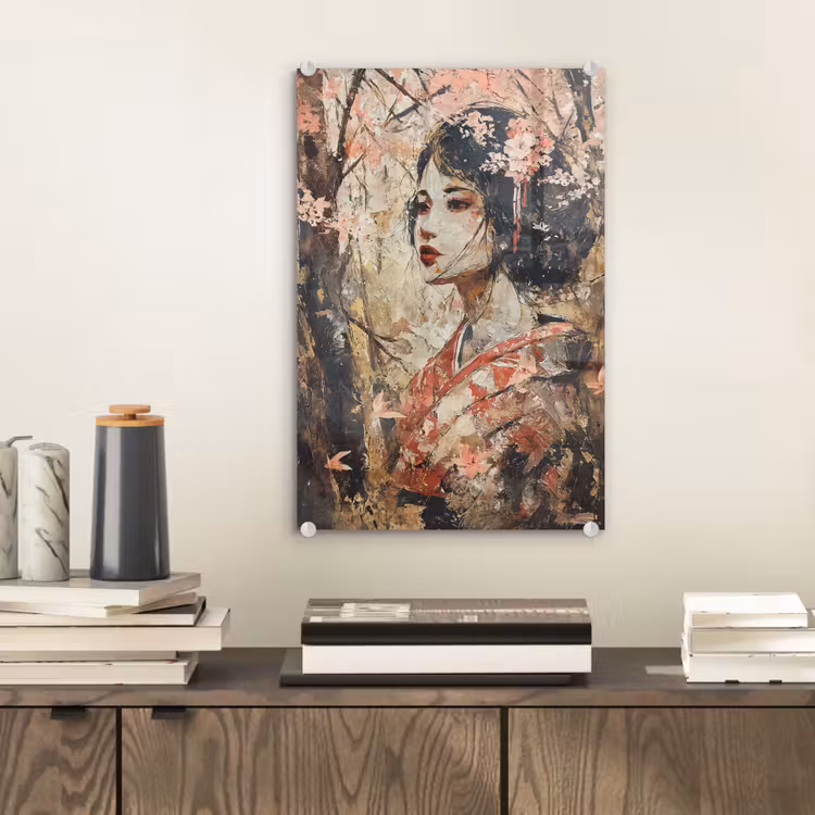 Glas schilderij - Kimono - Vrouw - kersenbomen — 2