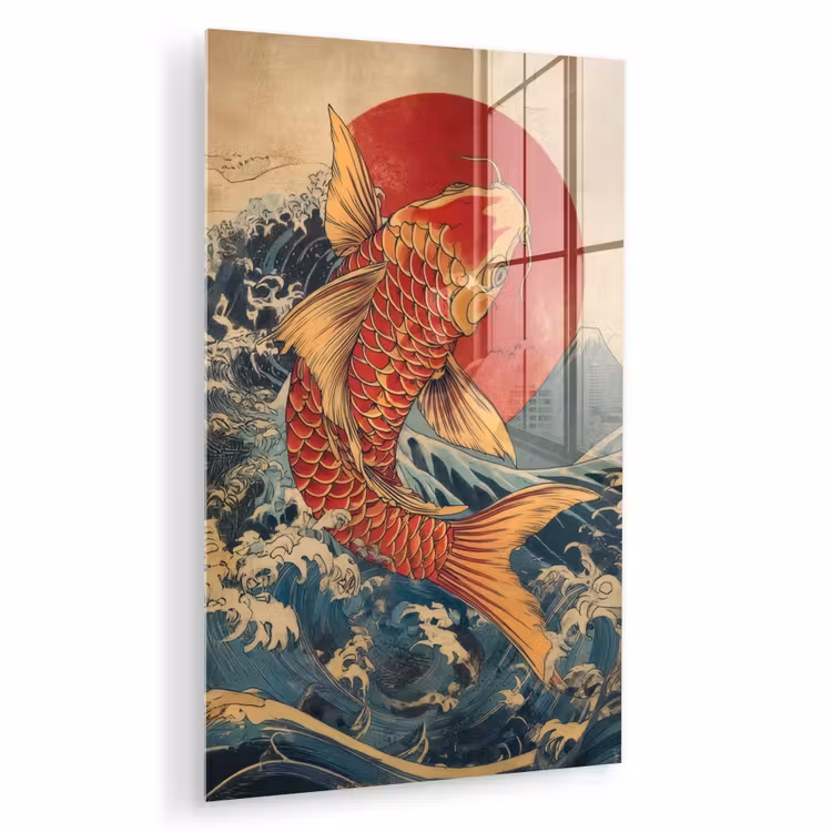 Glas schilderij - Koi - Zee - Golven - Zon — 1