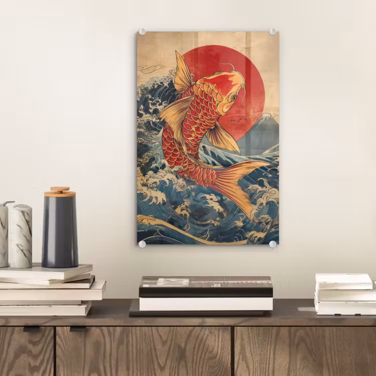 Glas schilderij - Koi - Zee - Golven - Zon — 2