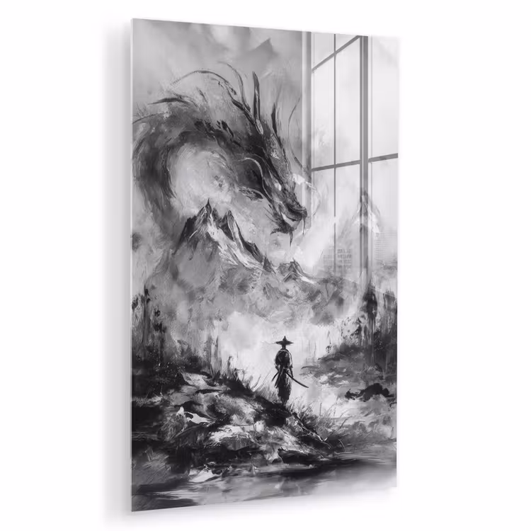 Glas schilderij - Krijger - Draak - Grijs — 1