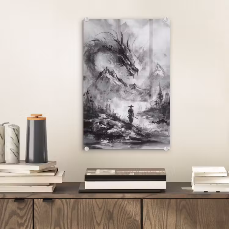 Glas schilderij - Krijger - Draak - Grijs — 2