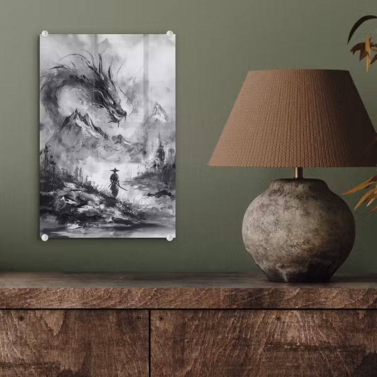 Glas schilderij - Krijger - Draak - Grijs — 4